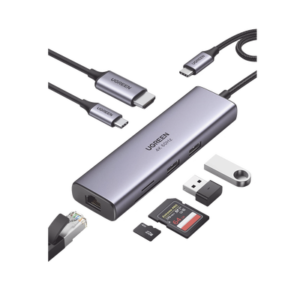 HUB USB-C (Docking Station) 7 en 1 | 2 USB-A 3.0 (5Gbps) | 1 USB-C PD Carga 100W | HDMI 4K@60Hz | RJ45 (Gigabit Ethernet) | Lector Tarjetas SD + Micro SD (TF) Uso Simultáneo | Cable de Nylon Trenzado | Caja de Aluminio.