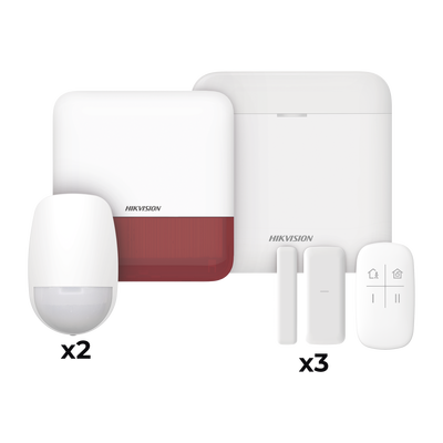(AX PRO) KIT de Alarma AX PRO con GSM (3G/4G) / Incluye: 1 Hub con bateria de respaldo / 2 Sensores PIR / 3 Contactos Magnéticos mini / 1 Control Remoto / 1 Sirena estrobo Roja Inalambrica Exterior / WiFi / Compatible con Hik-Connect P2P