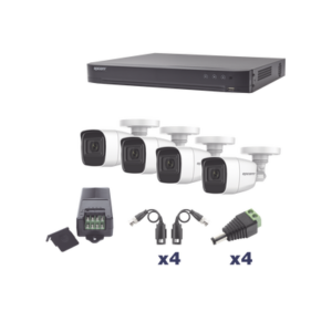 KIT TurboHD 1080p / DVR 4 Canales / 4 Cámaras Bala Policarbonato con Audio Integrado (exterior 2.8 mm) / Transceptores / Conectores / Fuente de Poder Profesional