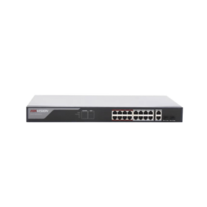 Switch Monitoreable PoE+ / 16 puertos 10/100 Mbps PoE+ / 2 puertos 10/100/1000 Mbps + 2 puertos SFP de Uplink / PoE hasta 250 metros / conexión remota desde Hik-ProConnect / 230 W