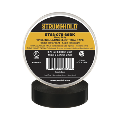 Cinta Eléctrica STRONGHOLD para Aislar, de PVC, Trabajo Pesado Eléctrico Industrial (Soporta abrasión, UV, agua, aceite y corrosión), Grosor de 0.21 mm (8.5 mil), Ancho de 19 mm, y 20 m de Largo, Uso Interior/Exterior, Color Ne