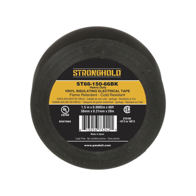 Cinta Eléctrica STRONGHOLD para Aislar, de PVC, Trabajo Pesado Eléctrico Industrial (Soporta UV, abrasión, agua, aceite y corrosión), Grosor de 0.21 mm (8.5 mil), Ancho de 38 mm, y 20 m de Largo, Uso Interior/Exterior, Color Ne
