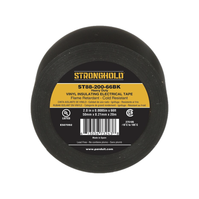 Cinta Eléctrica STRONGHOLD Para Aislar, de PVC, Trabajo Pesado Eléctrico (UV, abrasión, aceite, corrosión), Grosor 0.21 mm (8.5 mil), Ancho 50 mm, y 20 m Largo, Uso Int./Ext., Color Negro. Superior a cinta Super 33